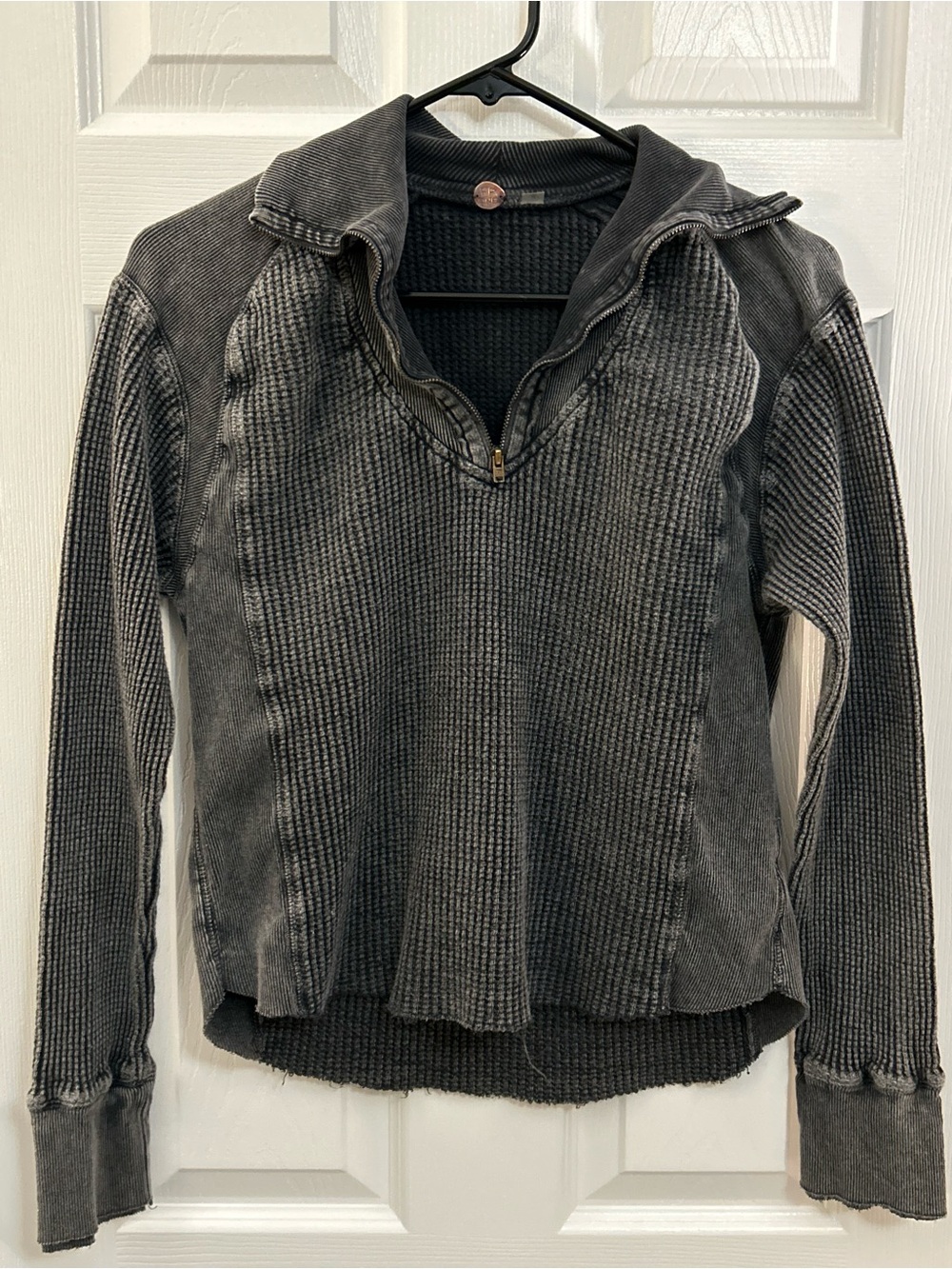 Free People FP One Waffle Knit Half Zip Pullover Gray Distressed Size Unknown